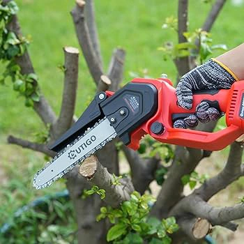 Limpieza de ramas y mantenimiento de árbol con mini motosierra de batería