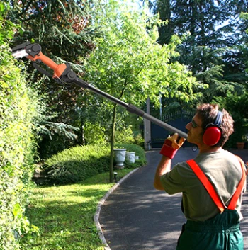 jardinero haciendo poda ornamental lograda con mini motosierra de batería